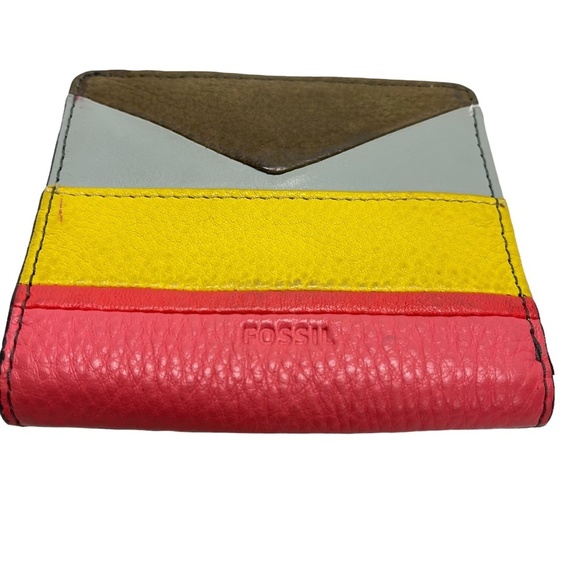 FOSSIL Genuine Leather Gray Pink Yellow Bi-Fold Wallet Coin Purse Cash Holder - Picture 4 of 16